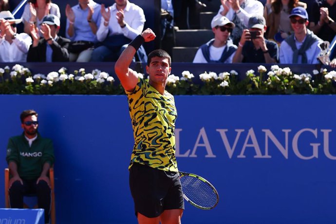Carlos Alcaraz of Spain in action against Stefanos Tsitsipas of Greece during the Final match of the Barcelona Open Banc Sabadell 2023 (Conde Godo) at Real Club De Tenis Barcelona on April 23, 2023 in Barcelona, Spain.