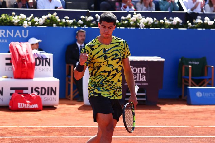 Carlos Alcaraz of Spain in action against Stefanos Tsitsipas of Greece during the Final match of the Barcelona Open Banc Sabadell 2023 (Conde Godo) at Real Club De Tennis Barcelona on April 23, 2023 in Barcelona, Spain.