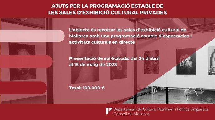 Cartel informativo de las ayudas del Consell de Mallorca para las salas privadas de exhibición cultural para la programación de actividades en directo.