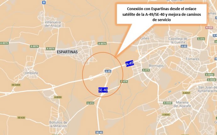 Plano con la conexión proyectada entre las autovías SE-40 y A-49 con Espartinas.