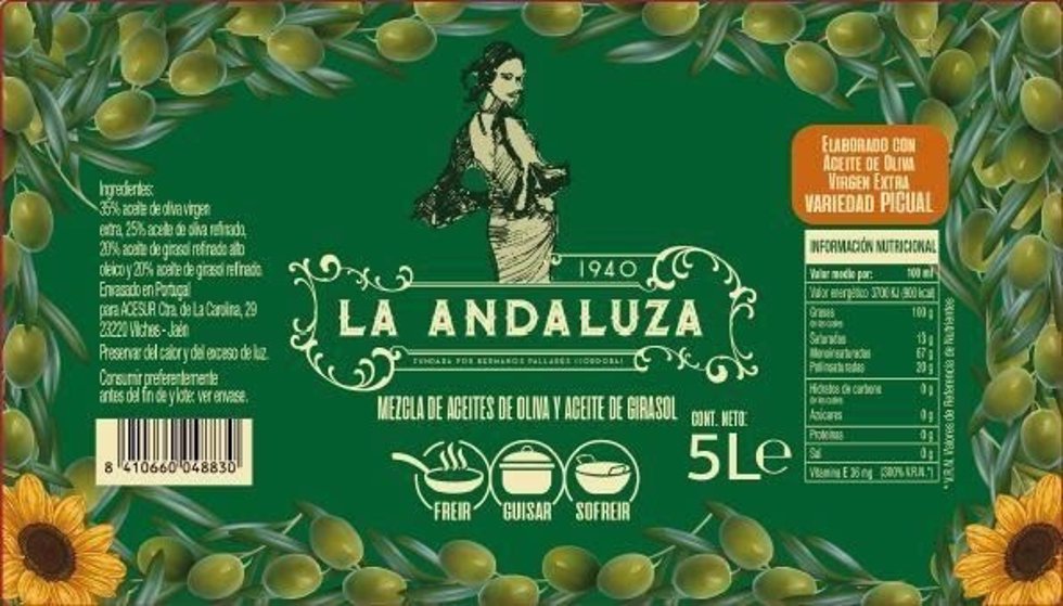Etiqueta de aceite de oliva con mezcla de aceites de girasol y oliva
