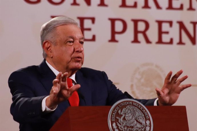 April 19, 2023, Mexico City, Mexico: April 19, 2023 in Mexico City, Mexico: President of Mexico Andres Manuel Lopez Obrador, speaks during  the morning briefing conference in front of reporters at the national palace. on April 19, 2023 in Mexico City, Mex