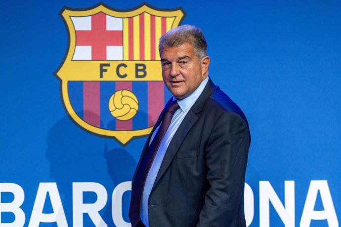 El presidente del FC Barcelona, Joan Laporta, antes de una rueda de prensa