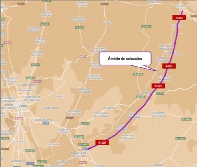 Ámbito de actuación de las obras de rehabilitación estructural del firme en la N-625, en León.