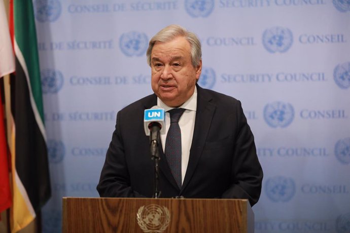 UNITED NATIONS, April 21, 2023  -- UN Secretary-General Antonio Guterres speaks to reporters on calling for a three-day ceasefire in Sudan at the UN headquarters in New York, on April 20, 2023. Guterres on Thursday called for a three-day ceasefire in Su