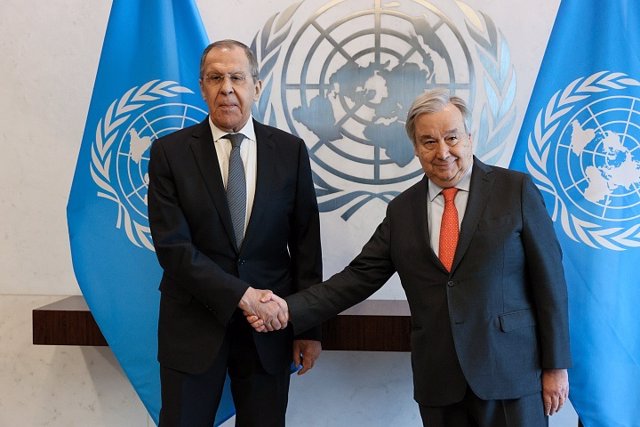 El ministro de Exteriores de Rusia, Sergei Lavrov, tras una reunión con el secretario general de la ONU, António Guterres