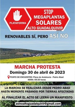 Cartel de la marcha protesta contra megaplantas solares en el Alto Guadalquivir.
