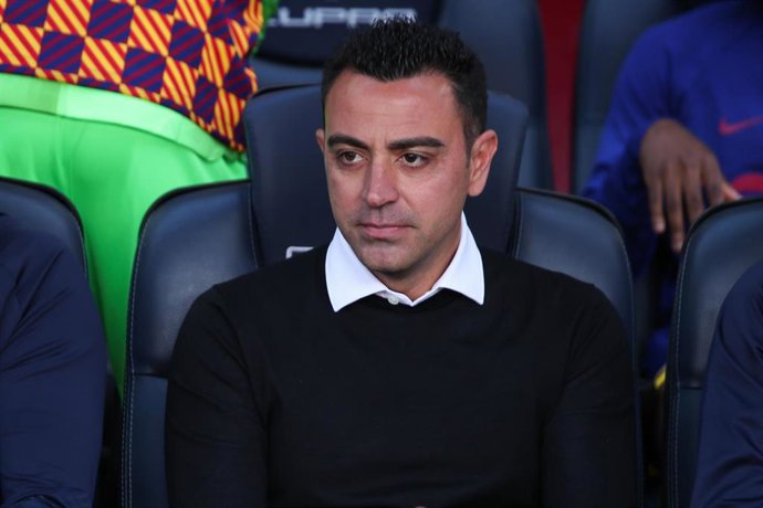 Xavi Hernandez, head coach of FC Barcelona, looks on during the spanish league, La Liga Santander, football match played between FC Barcelona and Atletico de Madrid at Spotify Camp Nou stadium on April 23, 2023, in Barcelona, Spain.