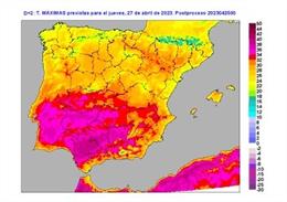 Mapa elaborado por la Aemet sobre las máximas previstas en CyL para el jueves y para el viernes