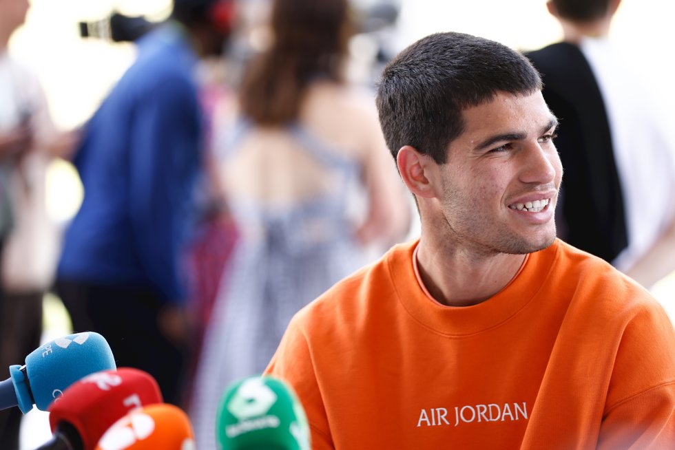 Carlos Alcaraz of Spain attends during the Mutua Madrid Open 2023 celebrated at Caja Magica on March 25, 2023 in Madrid, Spain.