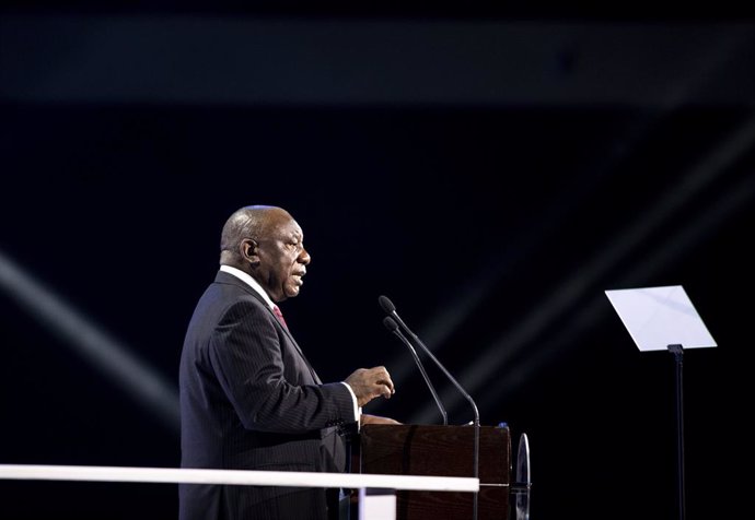 JOHANNESBURG, April 14, 2023  -- South African President Cyril Ramaphosa delivers an opening address at the 5th South Africa Investment Conference (SAIC) in Johannesburg, South Africa, April 13, 2023. Ramaphosa said Thursday that the country has set a n