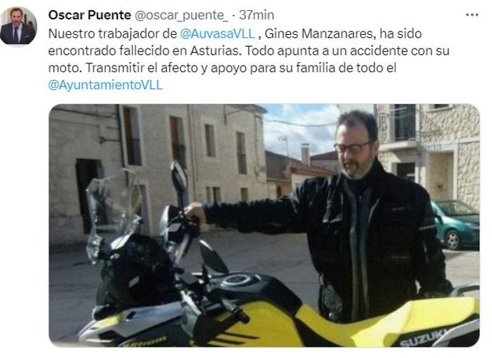 Mensaje de Óscar Puente en la red social Twitter sobre el fallecimiento del conductor de Auvasa.