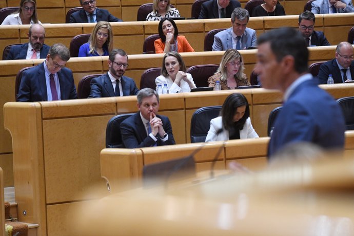 El presidente del PP, Alberto Núñez Feijóo (i), portavoz del Partido Popular en el Senado, Javier Maroto (2i),  y la secretaria general del Partido Popular, Cuca Gamarra (3i), durante el pleno del Senado. 