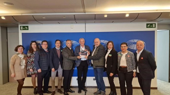 Representantes de las plataformas contra el Plan de Movilidad impulsado por el Ayuntamiento de Murcia junto al coordinador de la Comisión de Peticiones del Parlamento Europeo, Peter Jahr.