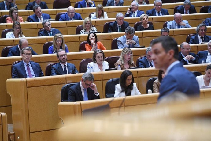 El presidente del PP, Alberto Núñez Feijóo (i), portavoz del Partido Popular en el Senado, Javier Maroto (2i),  y la secretaria general del Partido Popular, Cuca Gamarra (3i), durante un pleno del Senado, a 25 de abril de 2023, en Madrid (España). Sánch