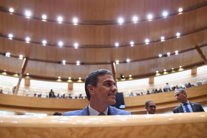 El presidente del Gobierno, Pedro Sánchez, durante un pleno del Senado, a 25 de abril de 2023, en Madrid (España). Sánchez y Feijóo se enfrentan hoy a su cuarto cara a cara en el Pleno del Senado. 