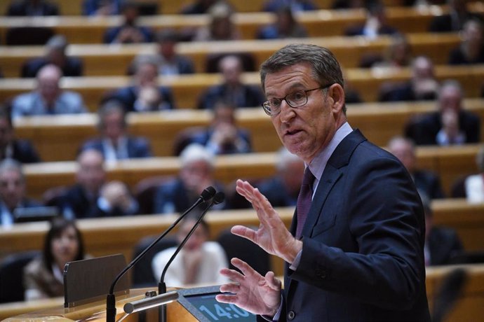 El presidente del Partido Popular, Alberto Núñez Feijóo, interviene durante un pleno del Senado, a 25 de abril de 2023, en Madrid (España). Sánchez y Feijóo se enfrentan hoy a su cuarto cara a cara en el Pleno del Senado. El debate, a tan solo dos seman