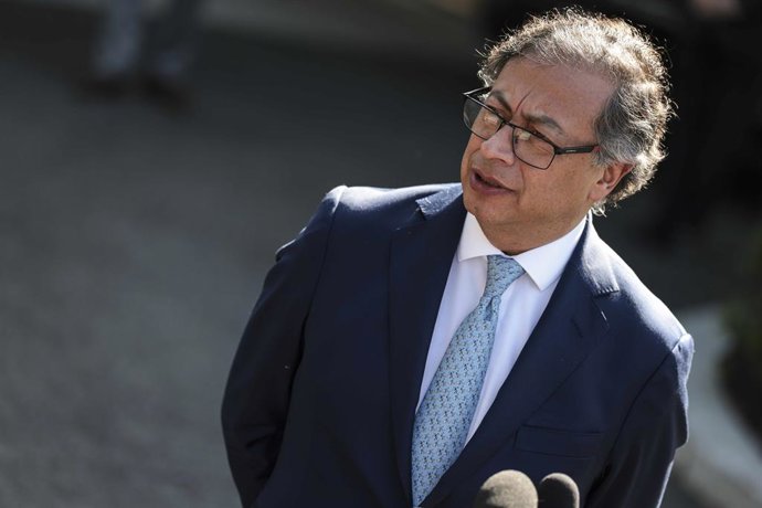 April 20, 2023, Washington, District of Columbia, USA: President Gustavo Petro of Columbia talks to reporters outside of the West Wing of the White House following a meeting with United States President Joe Biden in the Oval Office of the White House in