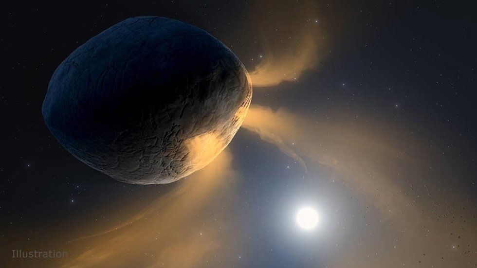 Esta ilustración representa al asteroide Faetón siendo calentado por el Sol. La superficie del asteroide se calienta tanto que el sodio dentro de la roca de Phaethon probablemente se vaporiza y sale al espacio, lo que hace que brille como un cometa
