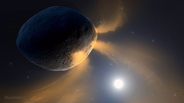Esta ilustración representa al asteroide Faetón siendo calentado por el Sol. La superficie del asteroide se calienta tanto que el sodio dentro de la roca de Phaethon probablemente se vaporiza y sale al espacio, lo que hace que brille como un cometa