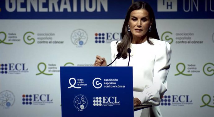 La reina Letizia, en la inauguración de la novena edición de la European Conference on Tobacco or Health (ECToH, por sus siglas en inglés), en IFEMA. En Madrid (España), a 26 de abril de 2023.