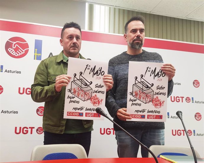 Javier Fernández Lanero (UGT) y José Manuel Zapico (CCOO) presentan la movilización del uno de mayo.