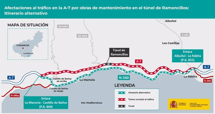 Mapa de afección al tráfico en la A-7 por trabajos en el túnel de Ramoncillos