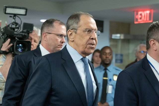 April 25, 2023, New York, New York, United States: Foreign Minister of Russia Sergey Lavrov leaves press briefing at UN headquarters