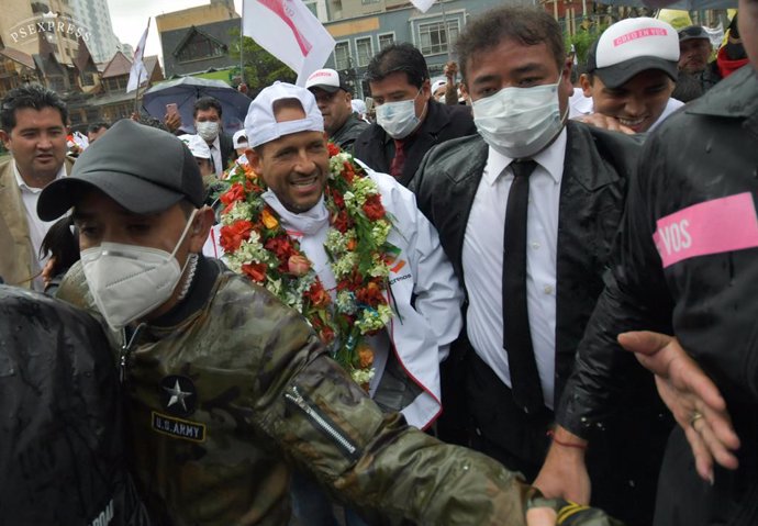 Archivo - October 1, 2020, La Paz, La Paz, Bolivia: Bolivian presidential candidate LUIS FERNANDO CAMACHO gets to a meeting. Camacho, who took a fundamental role in the consolidation of the coup against Morales, does not give up and hopes to be the only