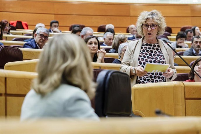 La portavoz de ERC-EH Bildu en el Senado, Mirella Corts, interviene durante una sesión de control al Gobierno en el Senado, a 18 de abril de 2023, en Madrid (España). Calviño ha abordado hoy, ante la Cámara Alta, el modelo de política económica y de vi
