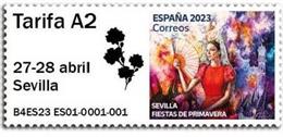 Sello con el cartel de las Fiestas de la Primavera 2023 en Sevilla.