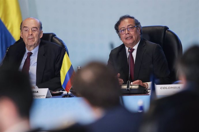 25 April 2023, Colombia, Bogota: Colombian President Gustavo Petro (R) speaks at the international conference on the political process in Venezuela. Photo: John Paz/colprensa/dpa