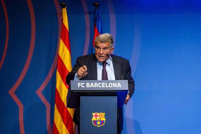 Joan Laporta, President of FC Barcelona, attenda his press conference about Negreira Case at Spotify Camp Nou stadium on april 17, 2023, in Barcelona, Spain.