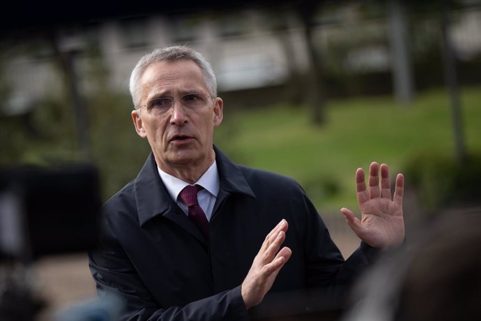21 April 2023, Rheinland-Pfalz, Ramstein-Miesenbach: Jens Stoltenberg, NATO Secretary General, speaks to media ahead of a meeting of the Ukraine defence contact group at Ramstein air base. Photo: Sebastian Christoph Gollnow/dpa