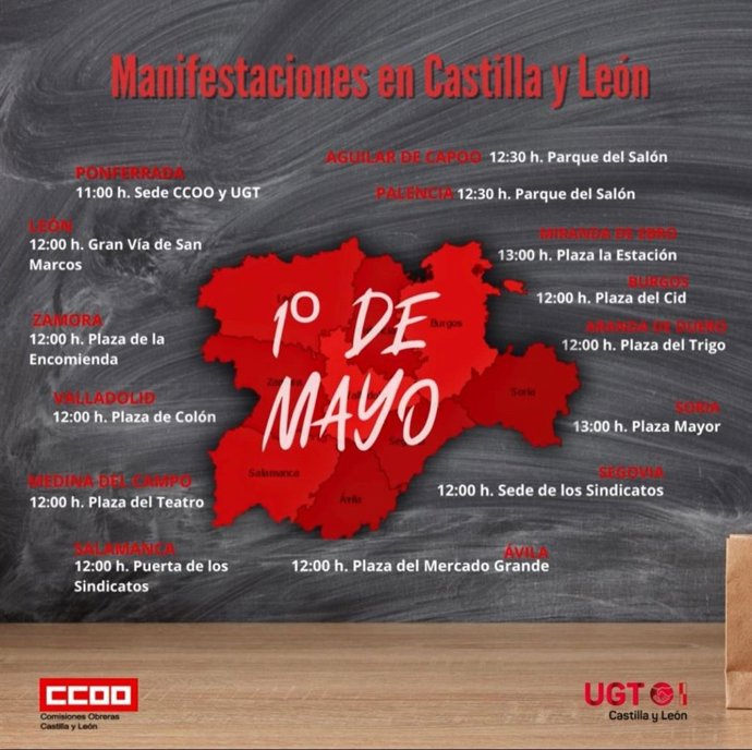Mapa elaborado por UGT y CCOO con las concentraciones y manifestaciones convocadas en CyL el 1 de mayo