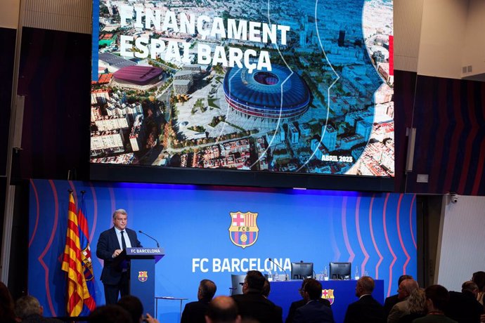 El presidente del FC Barcelona, Joan Laporta, durante la rueda de prensa de la Financiación del Espai Bara