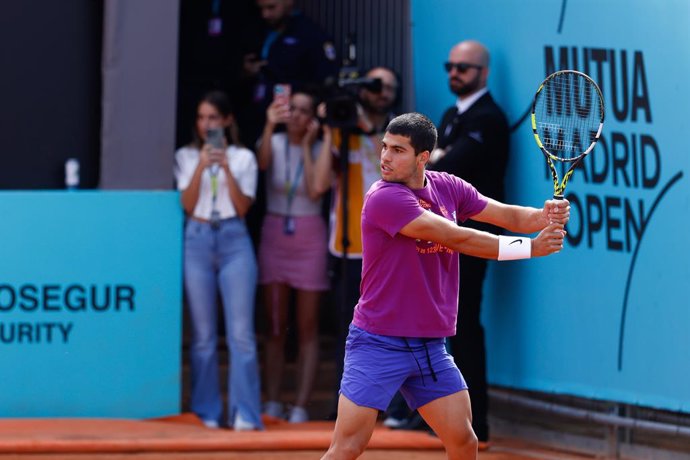 Carlos Alcaraz of Spain practices during the Mutua Madrid Open 2023 celebrated at Caja Magica on March 27, 2023 in Madrid, Spain.