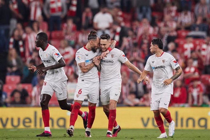 Lucas Ocampos of Sevilla FC reacts after scoring goal during the La Liga Santander match between Athletic Club and Sevilla FC at San Mames on April 27, 2023, in Bilbao, Spain.