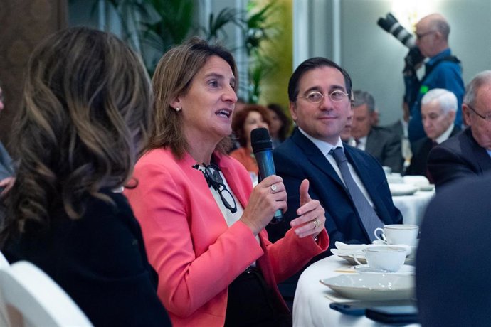 La vicepresidenta tercera y ministra para la Transición Ecológica, Teresa Ribera, interviene durante un desayuno informativo de Fórum Europa, en el Hotel Mandarin Oriental Ritz, a 28 de abril de 2023, en Madrid (España)