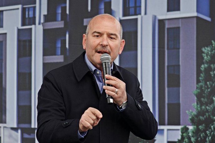 April 14, 2023, Diyarbakir, Turkey: Turkish Interior Minister, Suleyman Soylu speaks at President Erdogan's rally in Diyarbakir. Turkey's President Recep Tayyip Erdogan laid the foundation of the houses to be built for earthquake victims in Diyarbakir a
