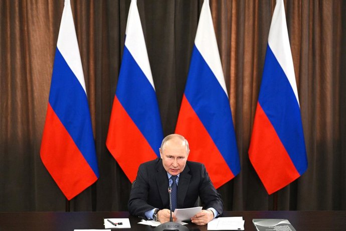 HANDOUT - 04 April 2023, Russia, Tula: Russian President Vladimir Putin speaks during a meeting of the Presidium of the State Council on the development of the country's industry under the pressure of sanctions via video link. Photo: -/Kremlin/dpa - ATT