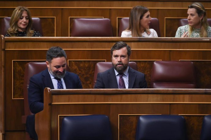 El líder de Vox, Santiago Abascal (i) y el portavoz de la formación en el Congreso, Iván Espinosa de los Monteros (d)