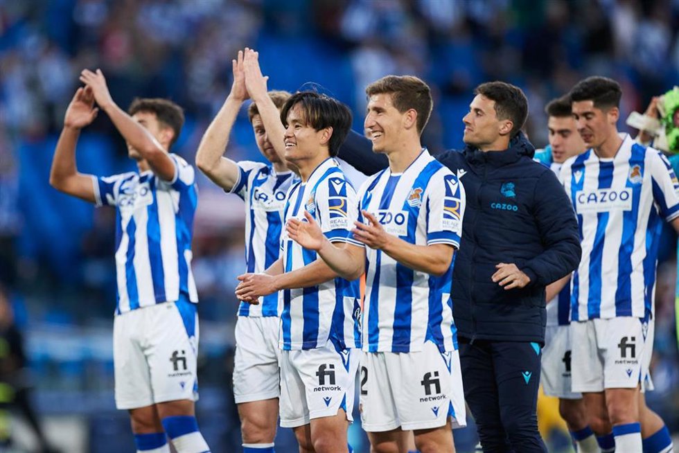 Takefusa Kubo of Real Sociedad reacts during the La Liga Santander match between Real Sociedad and Rayo Vallecano at Reale Arena on April 22, 2023, in San Sebastian, Spain.