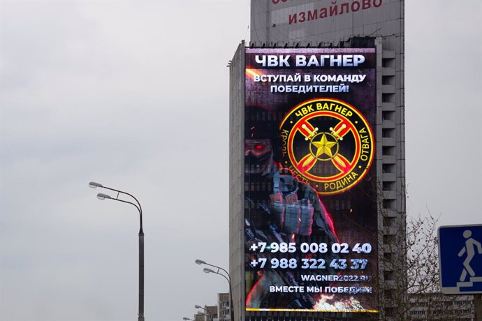 April 3, 2023, Moscow, Russia: A recruiting on-screen advert of the Wagner Group in Moscow. The Wagner Group is a private military company that came to prominence during the war in Ukraine. It is reportedly run by Russian oligarch and Putin's ally Yevge