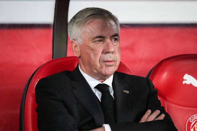 Carlo Ancelotti, head coach of Real Madrid, looks on during the spanish league, La Liga Santander, football match played between Girona FC and Real Madrid at Montilivi stadium on April 25, 2023, in Girona, Spain.