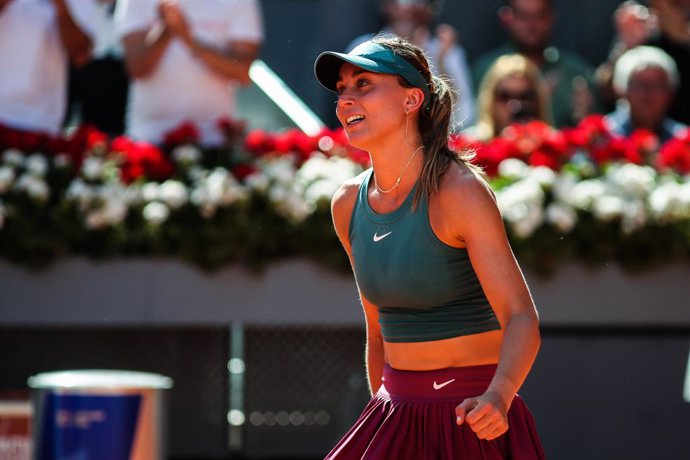 Paula Badosa of Spain celebrates after winning against Elisabetta Cocciaretto of Italy during the Mutua Madrid Open 2023 celebrated at Caja Magica on April 27, 2023 in Madrid, Spain.