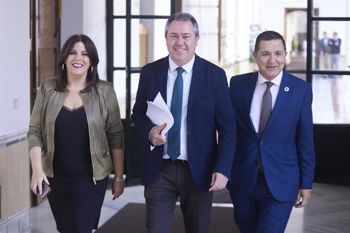 Archivo - El secretario general del PSOE de Andalucía y presidente del Grupo Parlamentario Socialista, Juan Espadas, (2d) y la portavoz del Grupo Parlamentario Socialista, Ángeles Férriz, (i) en una foto de archivo en el Parlamento andaluz.