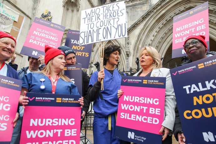 April 27, 2023, London, United Kingdom: Pat Cullen, General Secretary of the Royal College of Nurses joins nurses and members of the Royal College of Nursing outside the High Court in London. The Government launched a challenge over the planned strike act