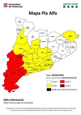 Mapa del Plan Alfa por el riesgo de incendios en Catalunya el 30 de abril