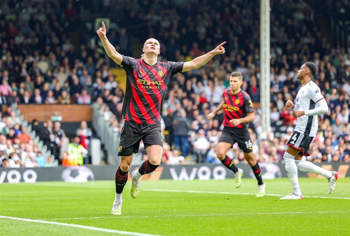 Erling Haaland scores a goal and celebrates 0-1 during the English championship Premier League football match between Fulham and Manchester City on 30 April 2023 at Craven Cottage in London, England - Photo Nigel Keene / ProSportsImages / DPPI